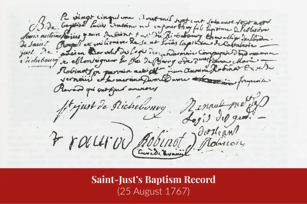 Handwritten parish baptism record of Louis-Antoine Saint-Just, dated 25 August 1767.