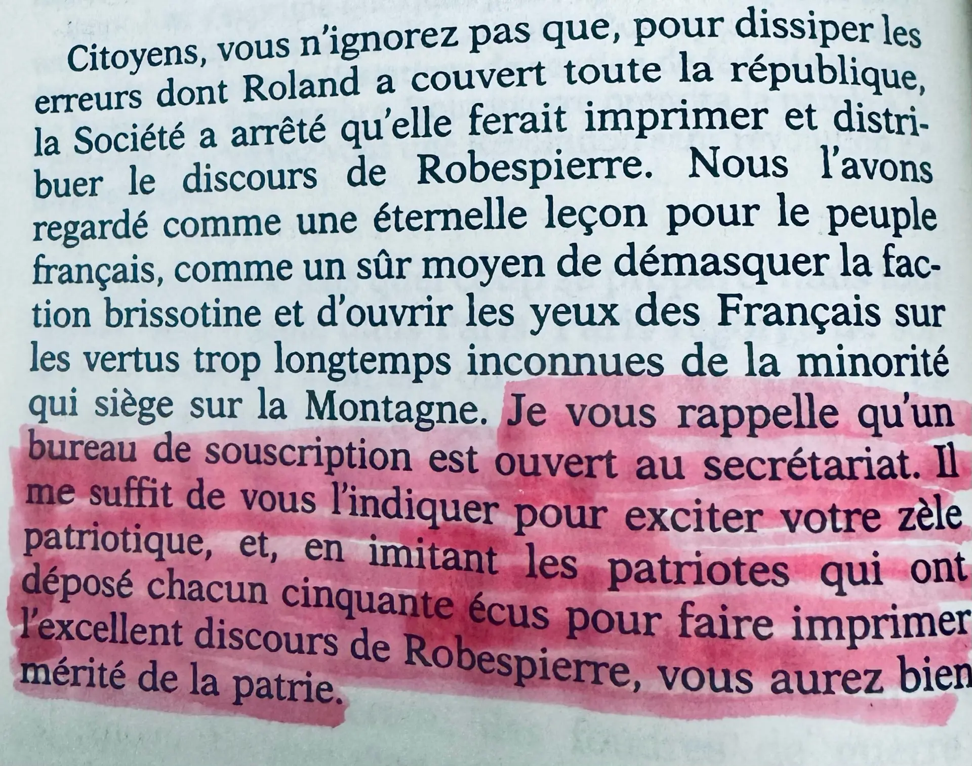 Printed French text of Saint-Just's address to the Jacobin Club, with the passage announcing the subscription desk for printing Robespierre's speech highlighted in pink.