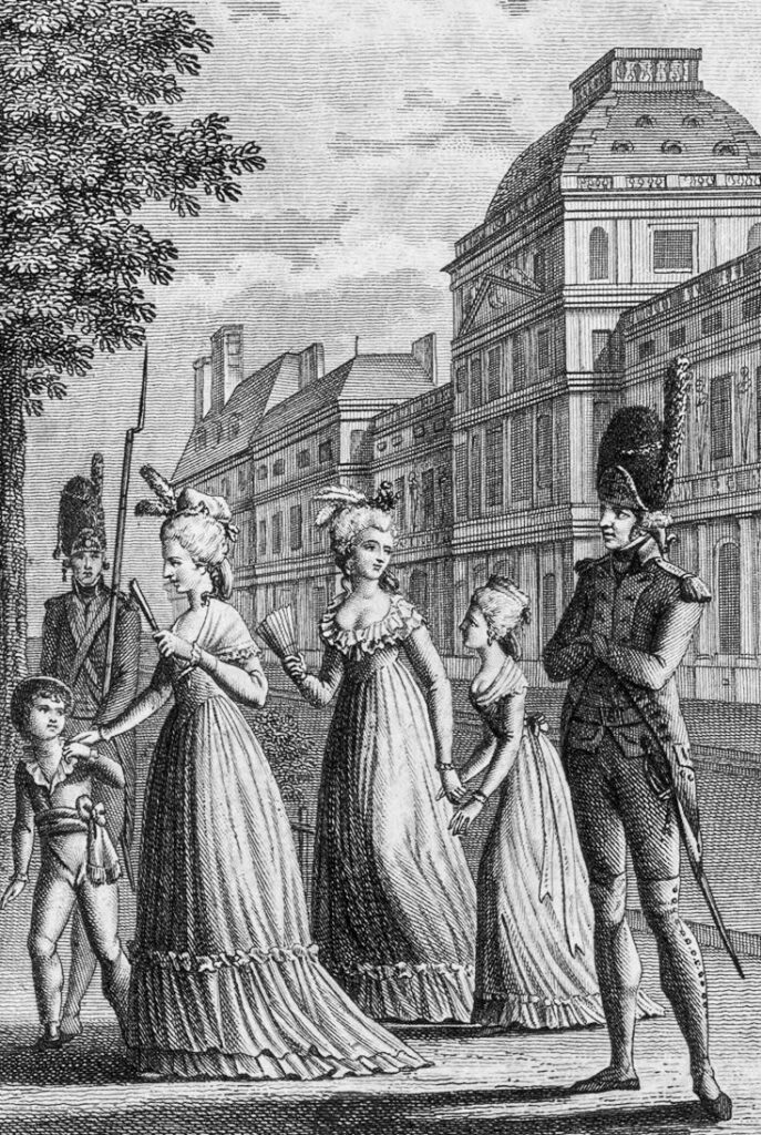 An engraving of Marie Antoinette walking with her children, her sister-in-law Madame Élisabeth, and ladies-in-waiting, all under the watchful eye of guards. The queen, dressed in an elaborate gown and feathered headdress, walks beside a young child, likely the Dauphin, while Madame Élisabeth and other women follow closely, all in period attire. Behind them, the grand architecture of a palace, likely the Tuileries or the Louvre, serves as a reminder of their royal setting.