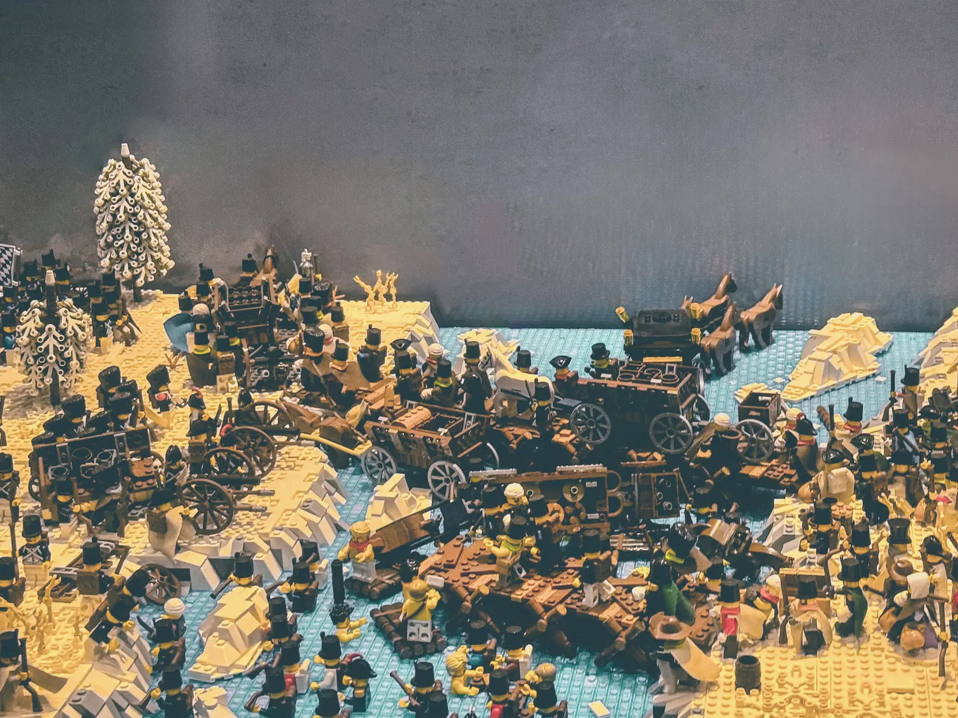 Wide view of the LEGO Berezina diorama: a snow-covered landscape with the Grande Armée strung out along the frozen river.