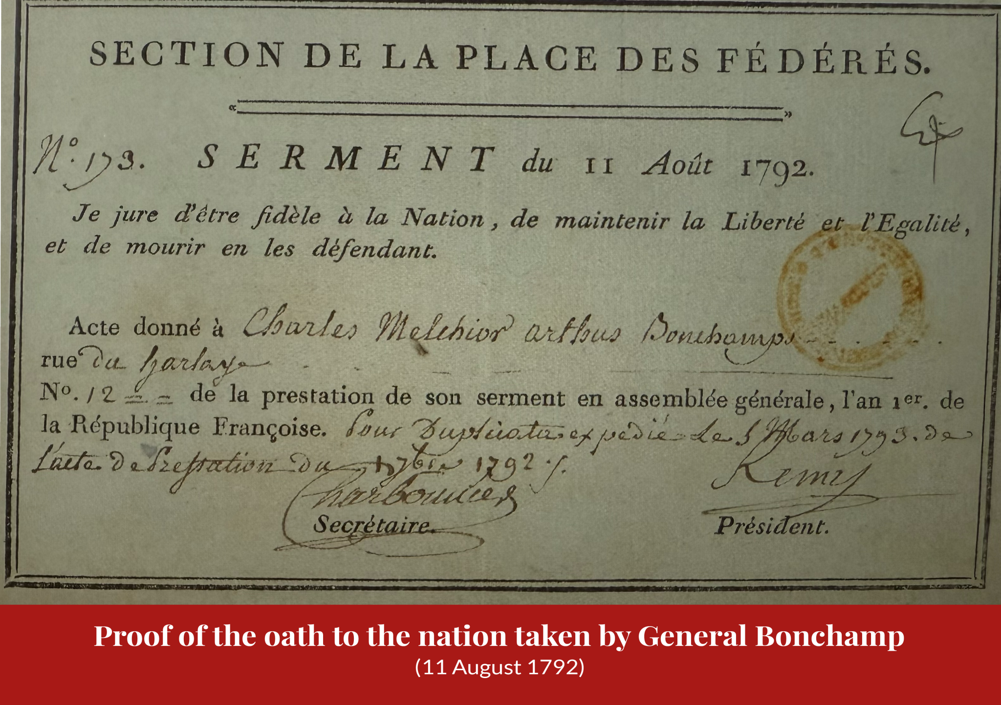 Printed certificate of the Section de la Place des Fédérés recording the civic oath (serment) of 11 August 1792 taken by Charles Melchior Arthus Bonchamps, with handwritten entries, signatures, and an orange stamp