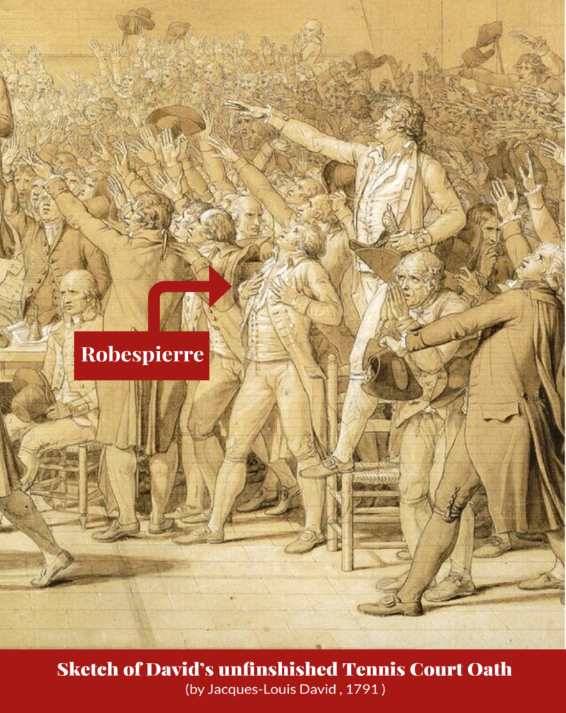 Sepia-toned preparatory drawing of the Tennis Court Oath crowd scene, with a red arrow and label pointing out Robespierre among the raised arms; captioned ‘Sketch of David’s unfinished Tennis Court Oath (by Jacques-Louis David, 1791)’.