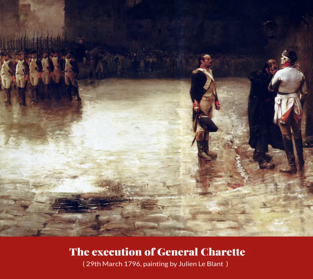 Painting by Julien Le Blant of the execution of General Charette on 29 March 1796: Charette stands alone in a bare square before a firing squad.