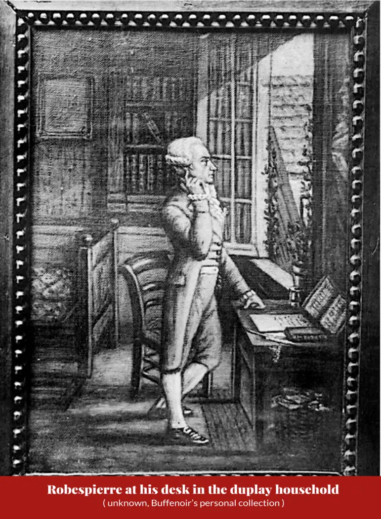 Engraving of a man standing at a writing desk by a window in a book-lined room, hand raised to his chin in thought; captioned ‘Robespierre at his desk in the duplay household (unknown, Buffenoir’s personal collection)’.