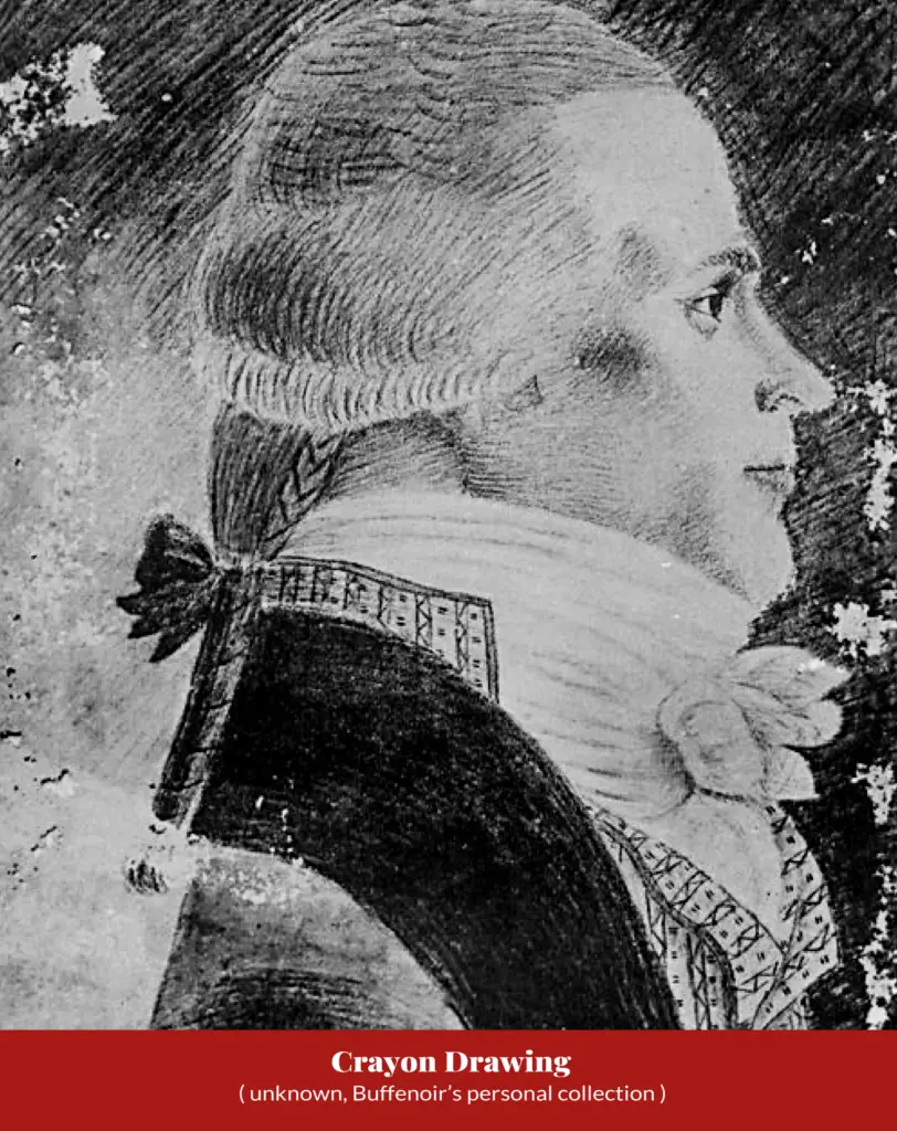 Close-cropped profile drawing in crayon of a man's head and shoulders, powdered hair tied back, ruffled cravat and coat lapel visible; captioned ‘Crayon Drawing (unknown, Buffenoir’s personal collection)’.