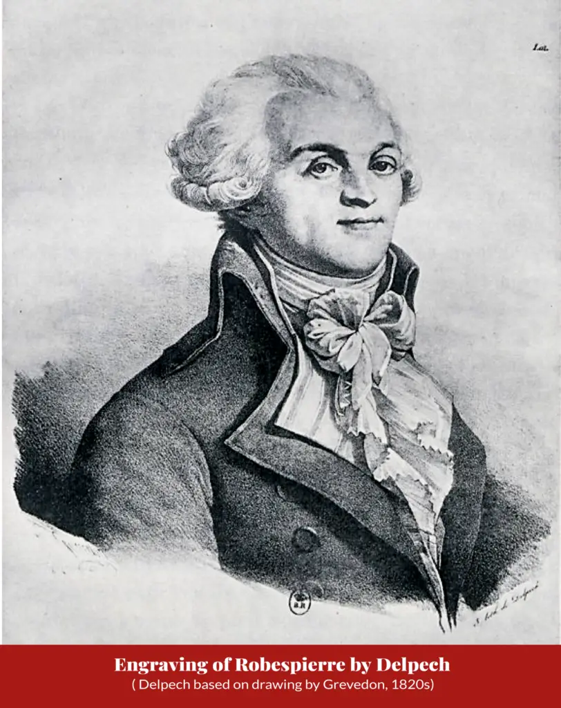 Black-and-white lithograph bust portrait of a man in a dark coat over a striped waistcoat, with a large bow cravat; captioned ‘Engraving of Robespierre by Delpech (Delpech based on drawing by Grevedon, 1820s)’.