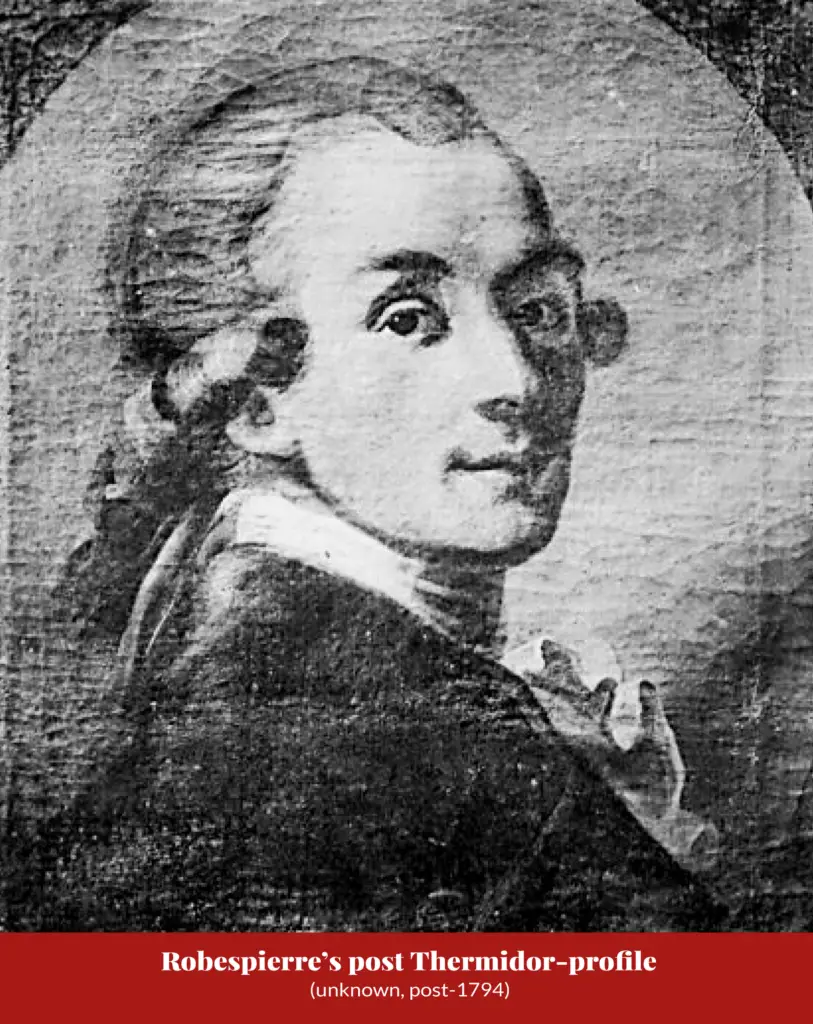 Faint, worn drawing of a man's head turned nearly frontal with one eye clearly visible, hand raised near the chest; captioned ‘Robespierre’s post Thermidor-profile (unknown, post-1794)’.