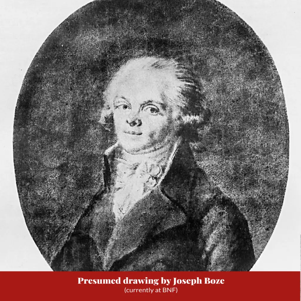 Faded oval-framed drawing, almost frontal, of a man in a powdered wig and dark coat with a ruffled cravat; captioned ‘Presumed drawing by Joseph Boze (currently at BNF)’.