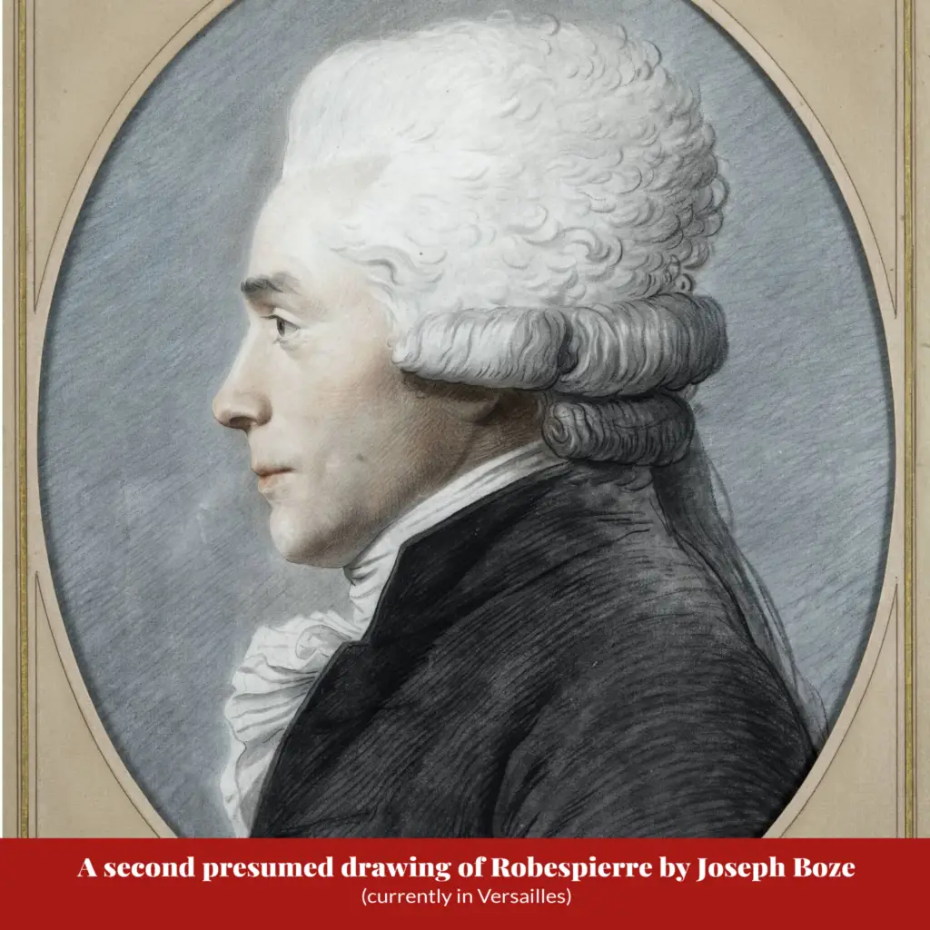 Profile drawing in colored pencil of a man with a tall powdered wig and dark coat, in an oval frame; captioned ‘A second presumed drawing of Robespierre by Joseph Boze (currently in Versailles)’.