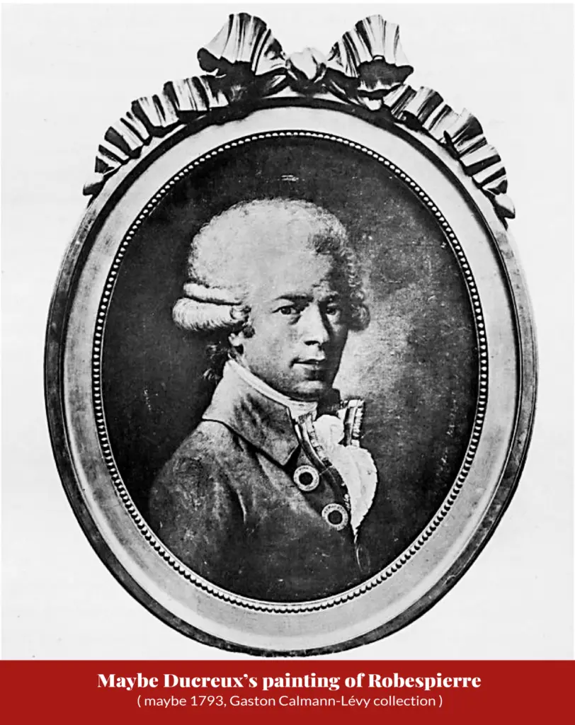Oval portrait in an ornate ribbon-topped frame of a man in a coat with spectacles pushed up on his forehead, three-quarter view; captioned ‘Maybe Ducreux’s painting of Robespierre (maybe 1793, Gaston Calmann-Lévy collection)’.