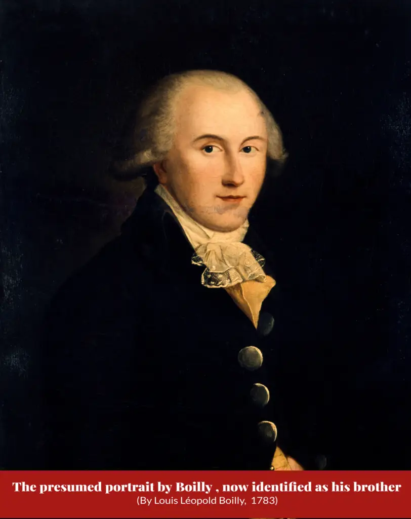 Dark oil portrait of a young man with powdered hair in a black coat and lace jabot, once thought to show Robespierre but now identified as his brother; captioned ‘The presumed portrait by Boilly, now identified as his brother (By Louis Léopold Boilly, 1783)’.