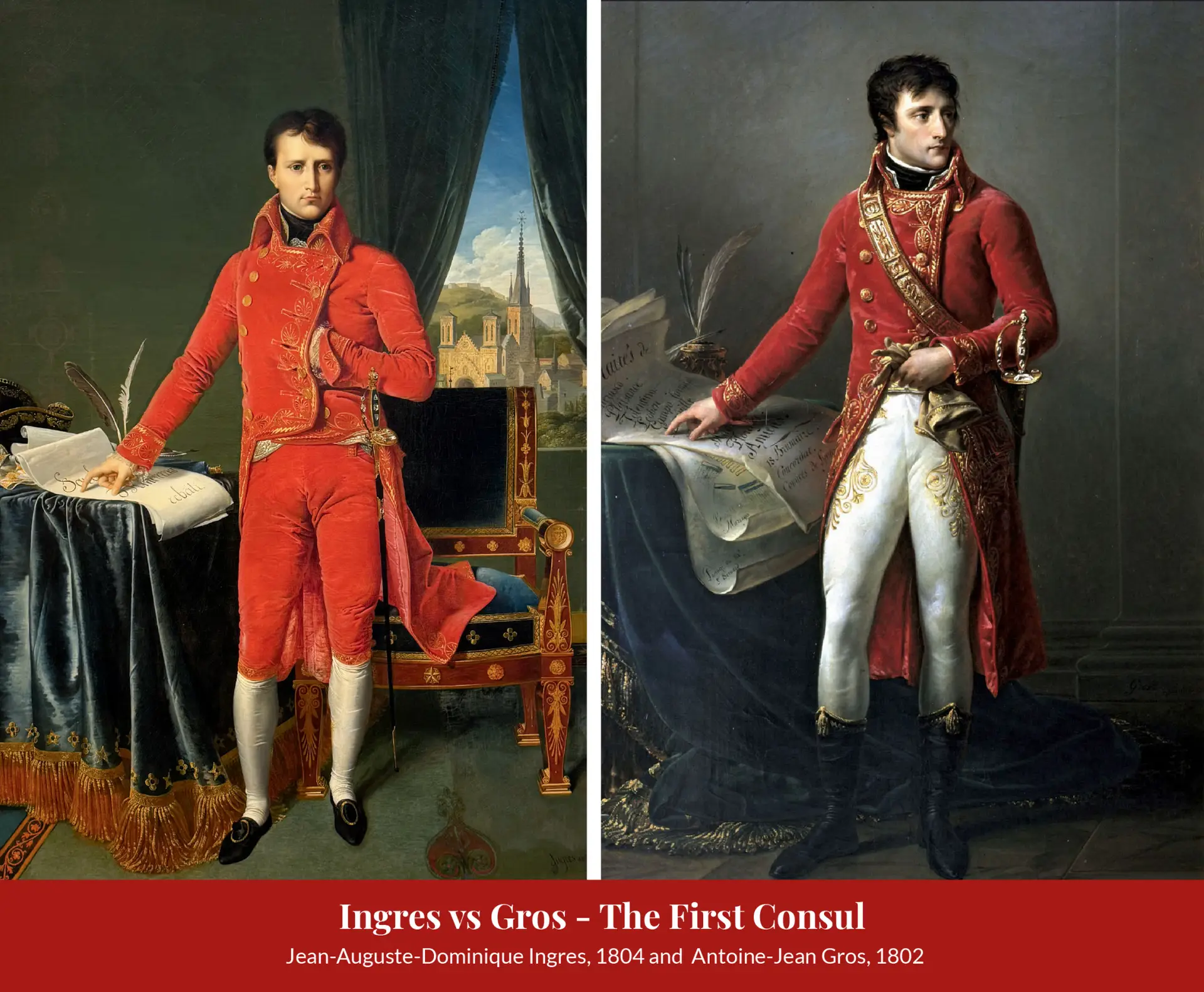 Side-by-side comparison of Ingres's 1804 Bonaparte, Premier Consul and Antoine-Jean Gros's 1802 portrait of the First Consul.