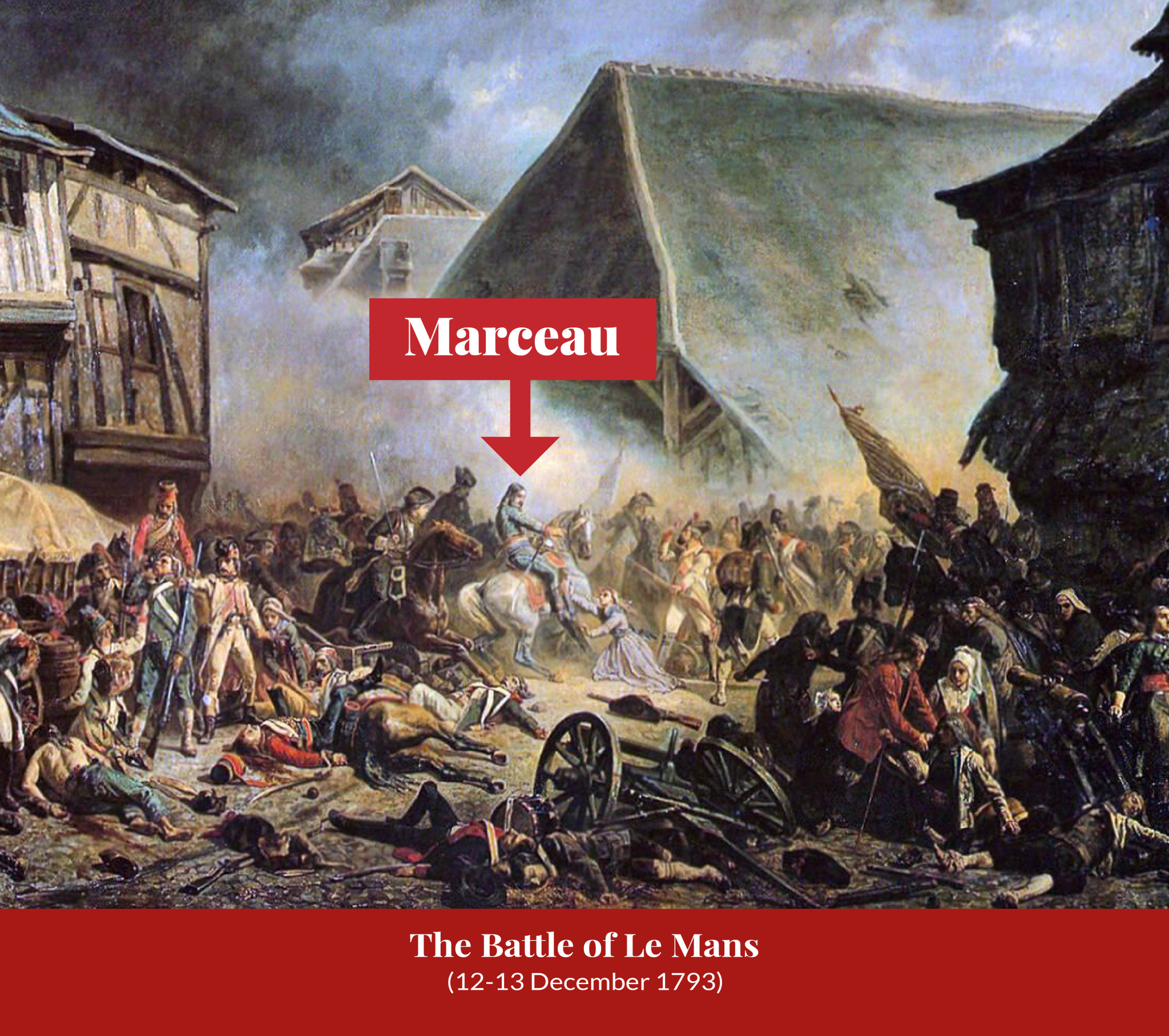 Painting of the Battle of Le Mans, 12–13 December 1793, with a red arrow labelled “Marceau” pointing to a mounted officer amid the street fighting and the dead.