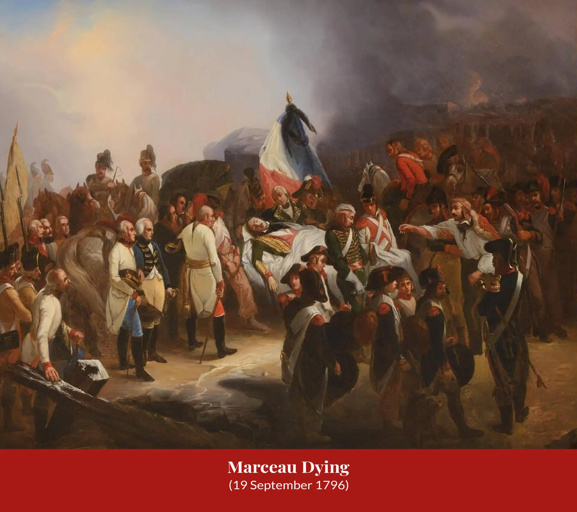 Painting of the dying Marceau borne on a stretcher through a crowd of French and Austrian soldiers, a tricolour flag raised above him.