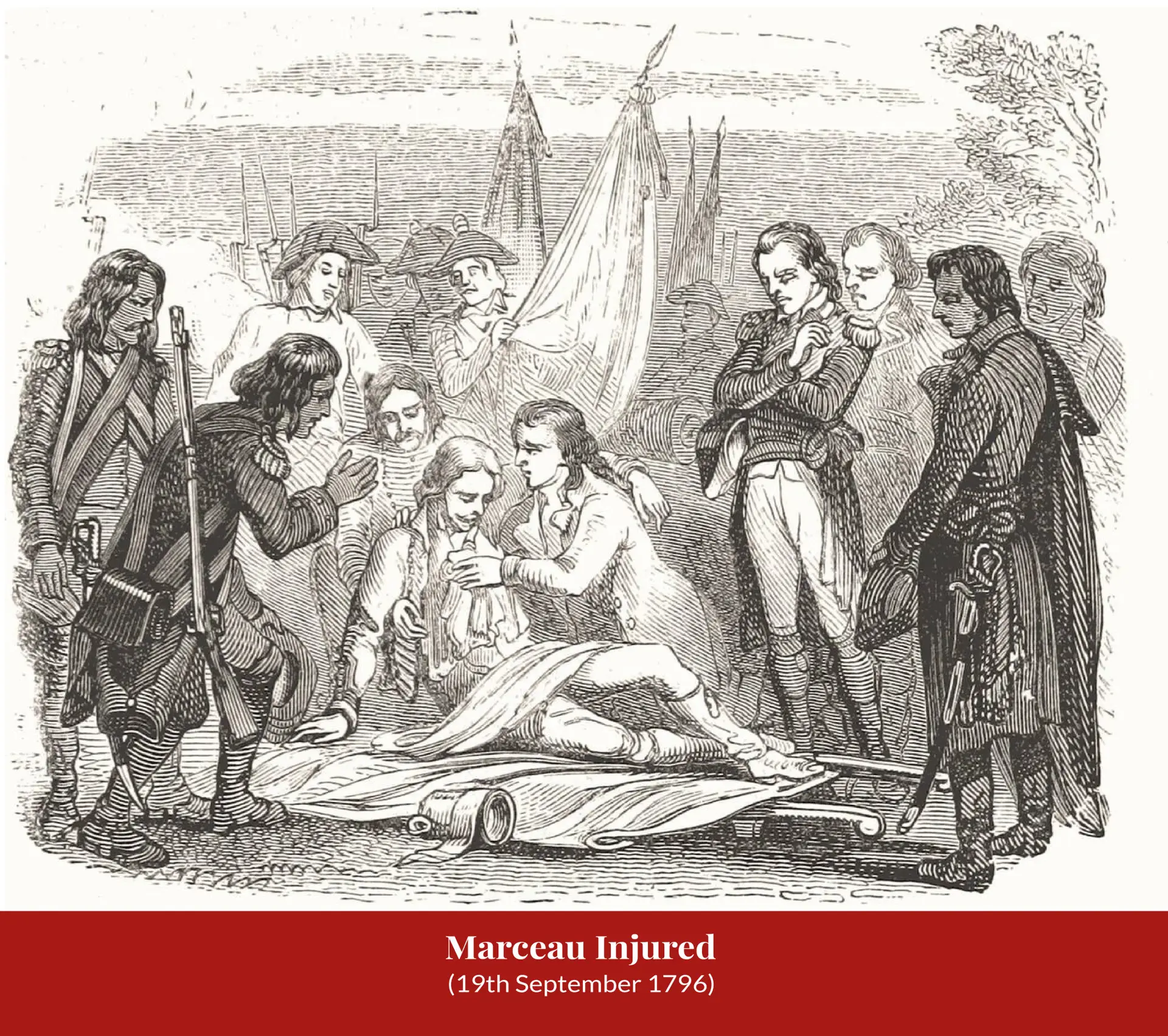 Nineteenth-century engraving of the wounded Marceau lying on the ground beside a camp tent, tended by an officer while soldiers and generals look on.
